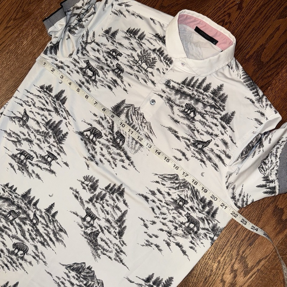 Greyson Wolf Toile Forrest Performance Polo‎ Men's M White Black St Ives Stretch - Picture 7 of 8